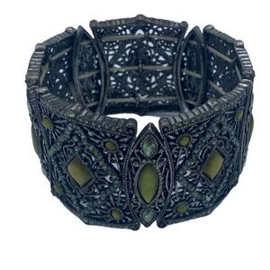 Layla Rowe elastic wide panel bracelet cuff Victorian style green rhinestones